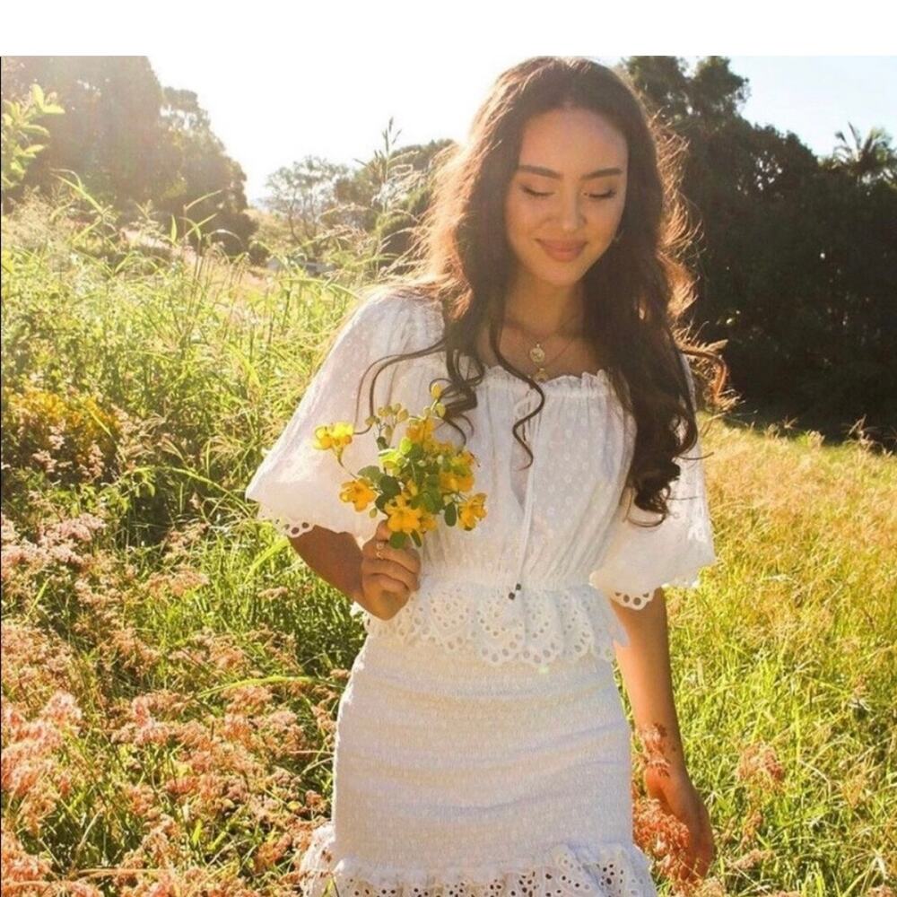 NWT Spell Daisy Chain Ruched Mini Dress White Boho Renaissance Coquette Cowgirl